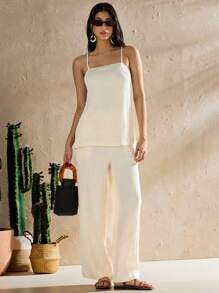 Forever 21 Women's Summer Holiday Solid Texture Side Slit Cami Jumpsuit Set - Apricot - View 4