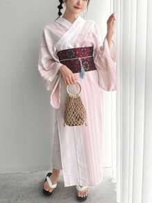 FRIFUL Japanese Style Striped & Printed Yukata With Woven Obi Belt And Tassel Waistband Set, Upgraded Version