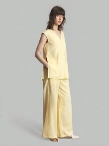 Ontre 2pcs Women's Solid Simple Cotton Casual Sleeveless Top And Pants Set, Cream Yellow, For Autumn, Back To School, Daily Wear