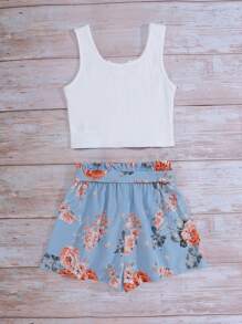 SHEIN 適合少女春夏季的針織上衣和編織花卉設計休閒短褲套裝 - 淺藍色 - 查看 2