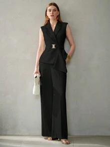 MOTF PREMIUM SOLID SLANT POCKET SEAM FRONT WIDE LEG SUIT PANTS - Black - View 6