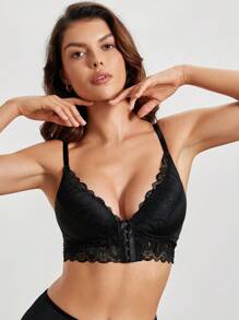 女士蕾丝前扣无钢圈文胸，1 件，内衣 - 黑色 - 查看 1