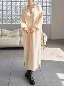 DAZY Drop Shoulder Split Hem Sweater Dress - Beige - View 7