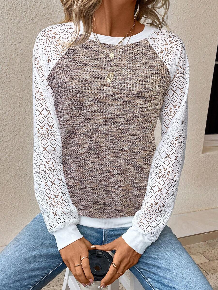 EMERY ROSE Women's Hollow Out Long Sleeve Long Sweatshirt Fall Cloth For Women - Khaki - View 1