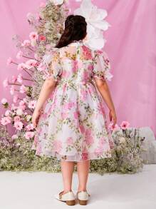 SHEIN Elegant And  Jacquard Short-Sleeved Dress With Stand Collar, For Tween Girls In Extended Sizes, Spring/Summer