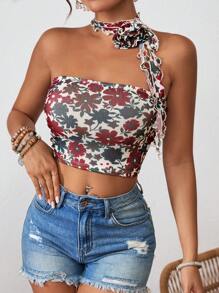 SHEIN VCAY Camiseta corta de malla tejida con estampado floral para mujer, ajuste delgado, ideal para vacaciones