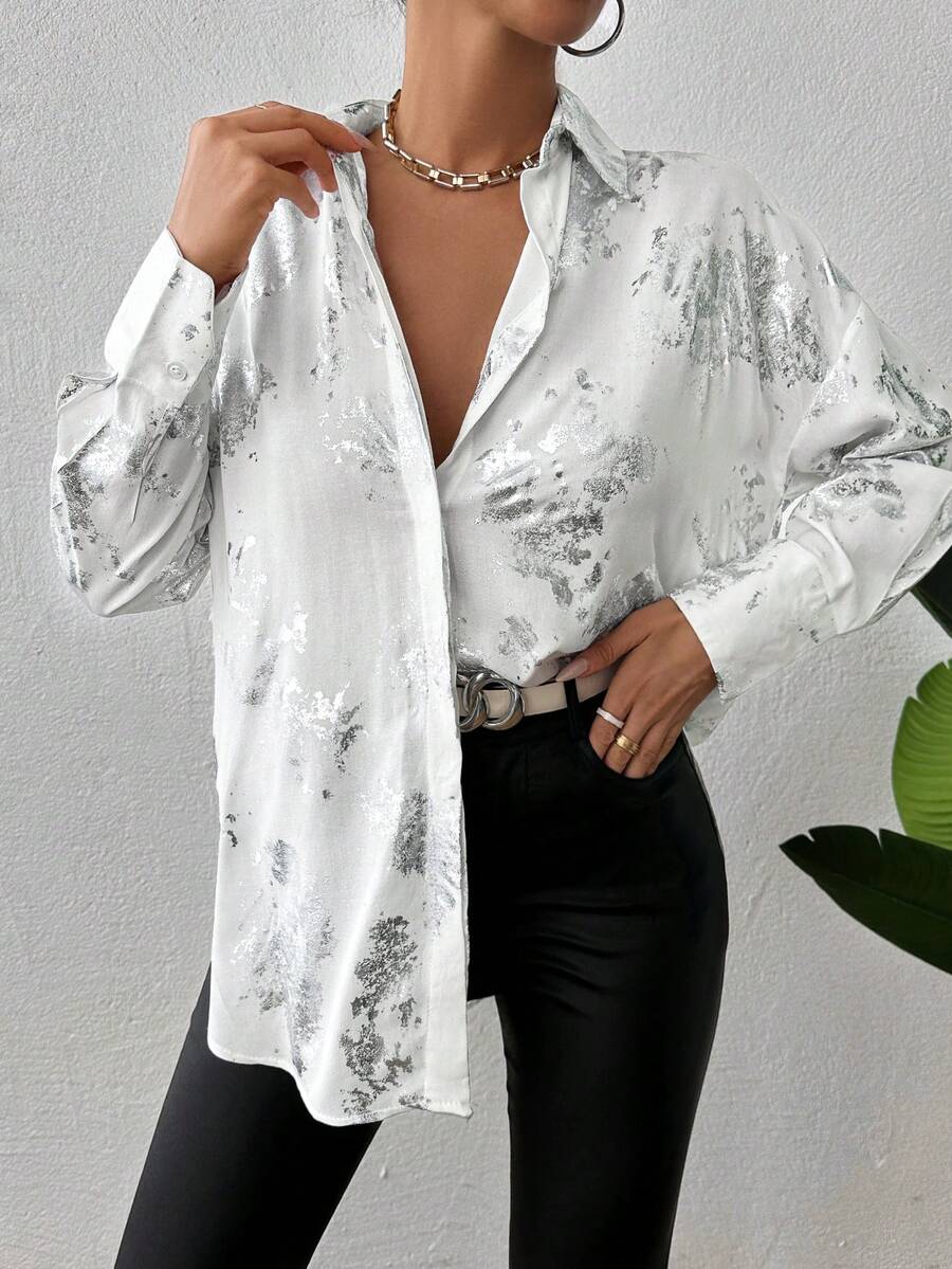 EURMUSE All-Over Silver Metallic Gold Foil Printed Single Pocket Front Button Women's Shirt - White - View 1