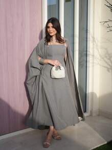 Al Najma Women's Solid Color Casual Spring/Summer Dress And Split Sleeves Batwing Loose Long Coat 2pcs/Set - Grey - View 6