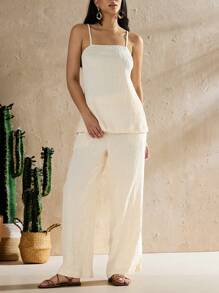 Forever 21 Women's Summer Holiday Solid Texture Side Slit Cami Jumpsuit Set - Apricot - View 5