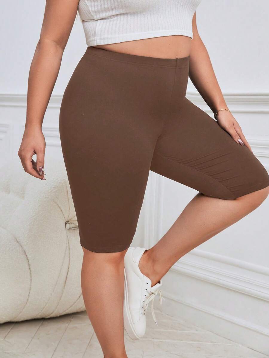 SHEIN Essnce Plus Size Women's Solid Color Simple Daily Leggings - Brown - View 1