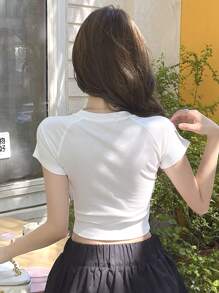 DAZY Ladies' Summer Slim Fit Round Neck Short Sleeve T-Shirt With Bow Decoration - White - View 5