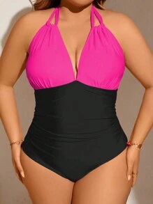 SHEIN Swim Curve Traje de baño de una pieza con pliegues y diseño color-block para playa y verano en tamaño grande con cuello halter - Negro - Ver 4