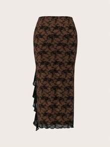 Sweetina Women's Y2k Summer Outfits Prom Low-Rise Contrast Color Side Slit Long Curve Lace Skirt With Ruffle Hem Lace Decoration