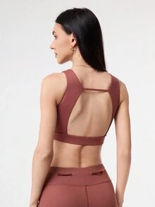 Easithlete Women's Solid Color Round Neck Hollow Out Back Sports Bra - Brown - View 2