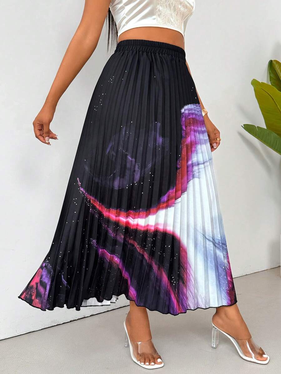 VaVaBold 女式撞色印花有彈性腰圍長款百褶休閒裙