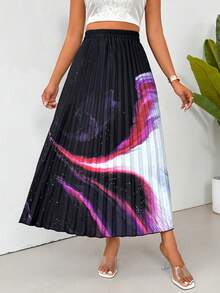 VaVaBold 女式撞色印花有彈性腰圍長款百褶休閒裙