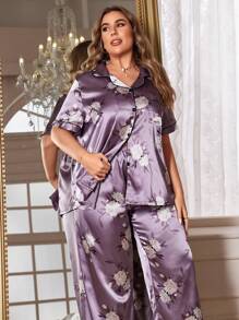 Plus Size Contrast Trimmed Printed Short Sleeve Top & Long Pants Silk-Like Pajama Set - Purple - View 6
