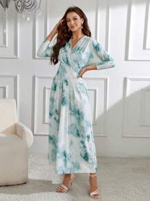 Modelyn Women's Full Print Cross Wrap Ruched Dress Long Evening Dresses - Blue - View 4