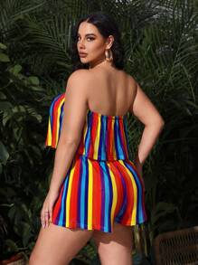 SHEIN SXY Cộng với kích thước lệch vai Ruffle cổ áo liền quần sọc xếp li đầy màu sắc - Nhiều màu - Xem 2