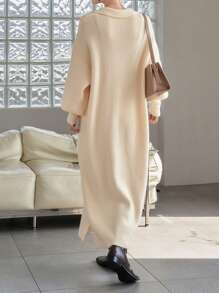 DAZY Drop Shoulder Split Hem Sweater Dress - Beige - View 5