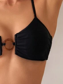 SHEIN Swim Women's Summer Beach Solid Color Round Neck Ruched Halter Tie Two-Piece Bikini Set - Black - View 5