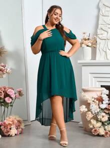 SHEIN Belle Plus Size Women's Solid Color Off Shoulder Elegant Bridesmaid Dress With High-Low Hem - Green - View 1