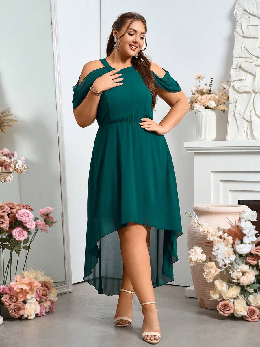 SHEIN Belle Plus Size Women's Solid Color Off Shoulder Elegant Bridesmaid Dress With High-Low Hem - Green - View 1