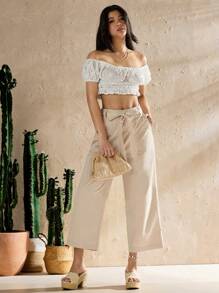 Forever 21 女款休閒寬腿長褲，單色設計 - 杏色 - 查看 3