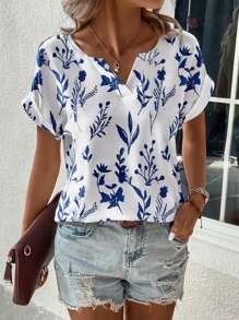 SHEIN Clasi 女士藍白色小枝紋V領蝙蝠袖上衣