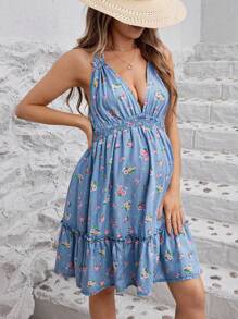 SHEIN Đầm dự tiệc hở lưng gợi cảm denim hiệu ứng dành cho bà bầu - Nhiều màu - Xem 5