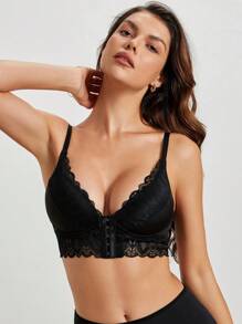 女士蕾丝前扣无钢圈文胸，1 件，内衣 - 黑色 - 查看 8