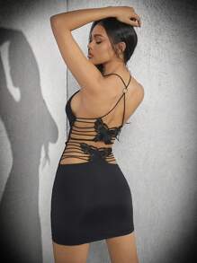 SHEIN Unity Màu trơn gợi cảm không tay hở lưng trang bị váy bướm - màu đen - Xem 4