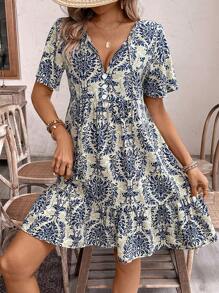 EMERY ROSE Váy babydoll in hoa có cổ, giản dị và thích hợp cho kỳ nghỉ - Màu xanh lam - Xem 3