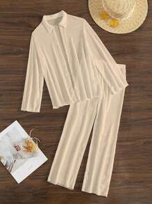 Swim Basics 2pcs Women's Fashionable Summer Simple Solid Color Hollow Out Beach Style Cover-Up Set - Apricot - View 7