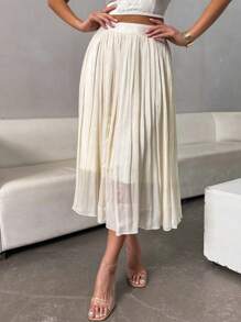 Chiquease Falda Plisada Elegante De Color Liso Para Mujer, Verano - Albaricoque - Ver 4