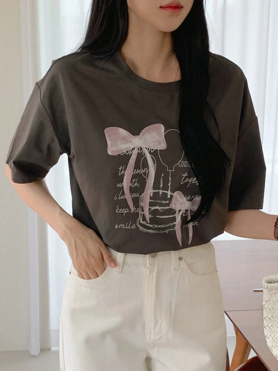 DAZY 蝴蝶结印花蝴蝶结图案圆领宽松短袖女式T恤夏季图案T恤 - 深灰色 - 查看 1