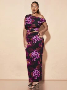 SHEIN BAE Bộ 2 món dành cho nữ - Áo và chân váy xếp ly cổ lệch, họa tiết hoa thanh lịch, thích hợp cho kỳ nghỉ hè, trang phục ngày lễ - màu đen - Xem 5