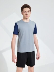 Ensemble de sport pour adolescente, avec haut à manches courtes à blocs de couleur et short de couleur unie, pour l'été - Gris - Voir 1