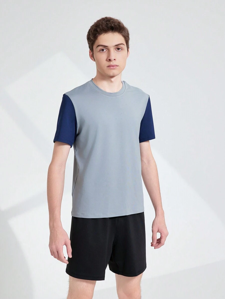 Ensemble de sport pour adolescente, avec haut à manches courtes à blocs de couleur et short de couleur unie, pour l'été - Gris - Voir 1