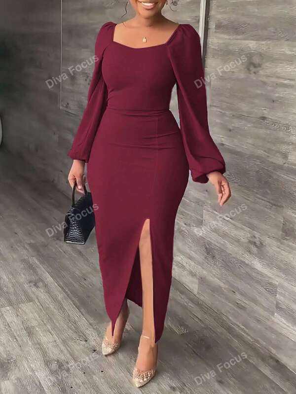 Fashionable Elegant Lantern Sleeve High Slit Dress For Women