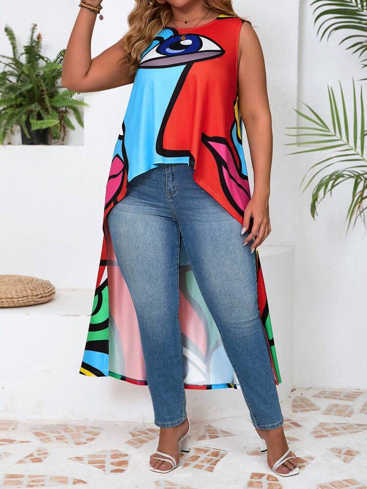 Plus Size Women's Summer Eye Printed Round Neck High-Low Hem Casual Tank Top