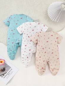 SHEIN Kurzarm Jumpsuit Set mit Blumen Muster für Baby Mädchen, 3 Stücke Hauskleidung Outfits - Verschiedenfarbig - View 2