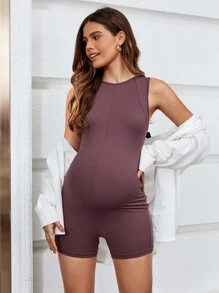 SHEIN Bộ áo liền quần cổ tròn không tay thể thao dành cho bà bầu trẻ trung có khóa kéo phía sau và thiết kế khoét rỗng - màu nâu - Xem 3