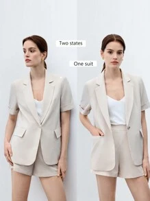 BizChic Women's Formal Short Sleeve Blazer Suit Set, Suitable For Commuting & Graduation - Apricot - View 9