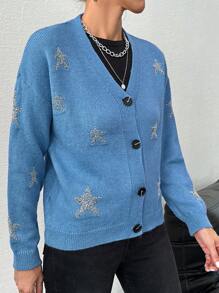 EURMUSE Star Print Open Front V-neck Cardigan With Drop Shoulders - Blue - View 3