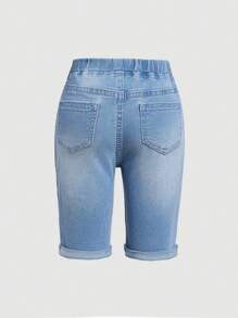 SHEIN 年輕女孩彈性牛仔短褲，水洗，休閒時尚 - 淺色水洗藍 - 查看 2
