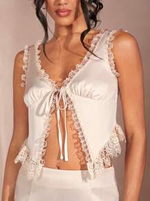 SHEIN BAE Damen Sommer Satin Spitze Patchwork Einfarbiges Outfit - Beige - Übersicht 5
