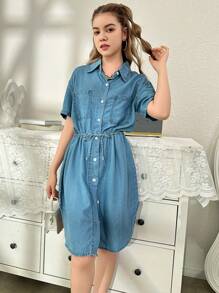 Vestido informal de mezclilla cómodo y ligero para uso diario de niña adolescente con lavado medio y cinturón de mezclilla - Lavado ligero - Ver 4