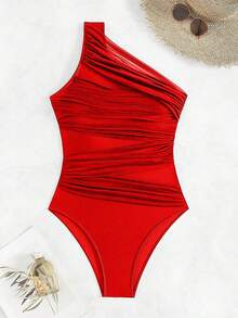 2025 Solid Color Ruffled One-Shoulder One-Piece Swimsuit Summer - Red - View 6