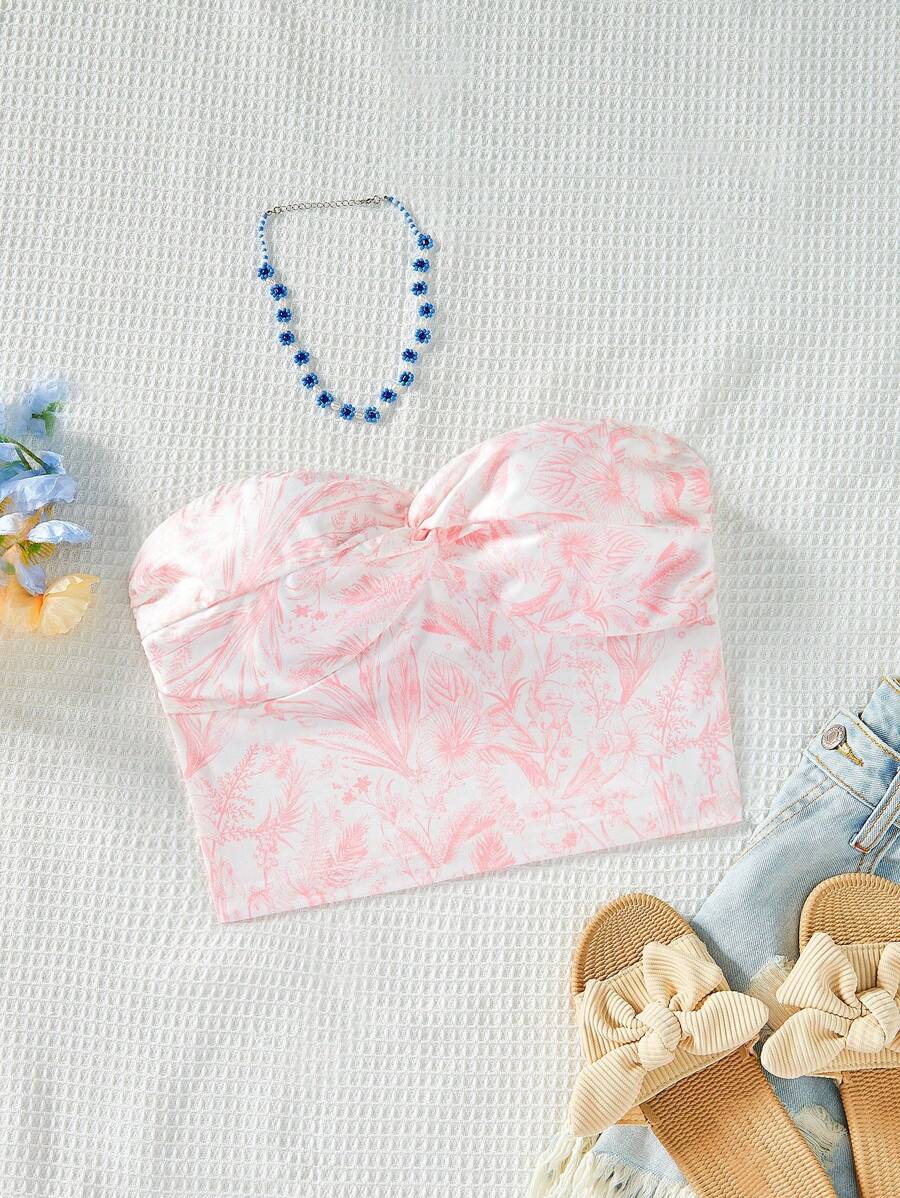 Soleia 度假款無肩帶女士花卉印花扭結上衣